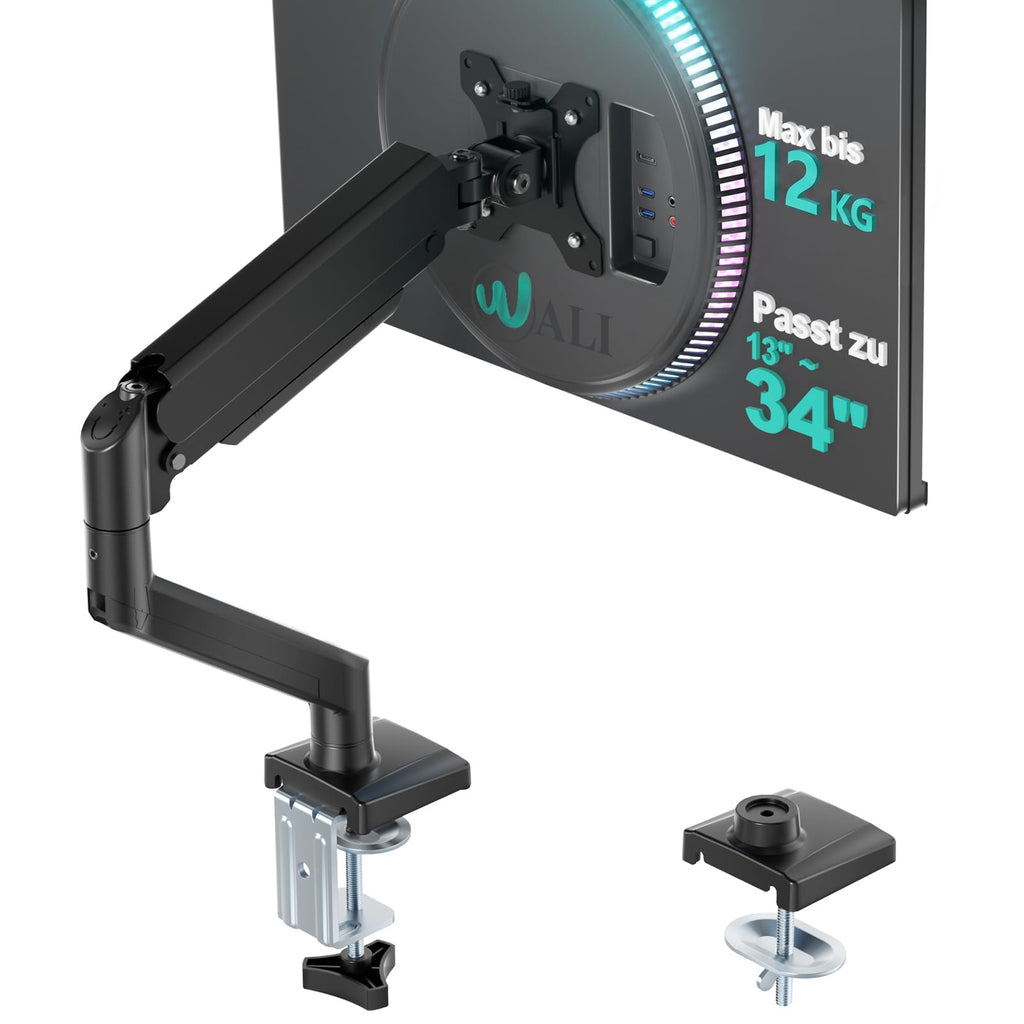 WALI Monitorhalterung für 13‑34 Zoll Bildschirme bis zu 12 kg, Verstellbarer Monitorarm, höhenverstellbare Bildschirmhalterung Schwenkbar Neigbar Drehbar, VESA 75x75/100x100 mm (GSMP001N), Schwarz