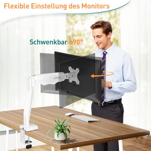 ELIVED 1 Monitor Halterung für 13-32" Bildschirme bis zu 9kg mit VESA 75/100mm, Gasdruckfeder PC Monitor Tischhatlerung, Neigbar, Schwenkbar, Drehbar, Höhenverstellbar Monitorhalterung Weiß EV004W