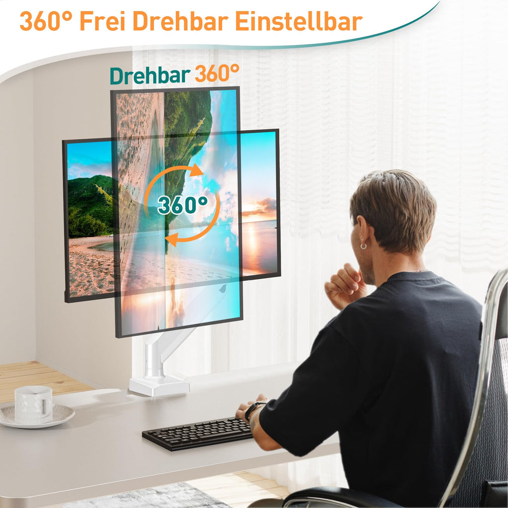 ELIVED 1 Monitor Halterung für 13-32" Bildschirme bis zu 9kg mit VESA 75/100mm, Gasdruckfeder PC Monitor Tischhatlerung, Neigbar, Schwenkbar, Drehbar, Höhenverstellbar Monitorhalterung Weiß EV004W