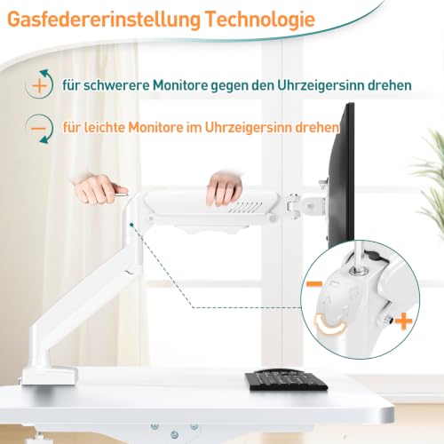 ELIVED 1 Monitor Halterung für 13-32" Bildschirme bis zu 9kg mit VESA 75/100mm, Gasdruckfeder PC Monitor Tischhatlerung, Neigbar, Schwenkbar, Drehbar, Höhenverstellbar Monitorhalterung Weiß EV004W