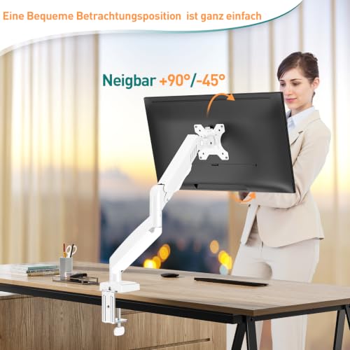 ELIVED 1 Monitor Halterung für 13-32" Bildschirme bis zu 9kg mit VESA 75/100mm, Gasdruckfeder PC Monitor Tischhatlerung, Neigbar, Schwenkbar, Drehbar, Höhenverstellbar Monitorhalterung Weiß EV004W