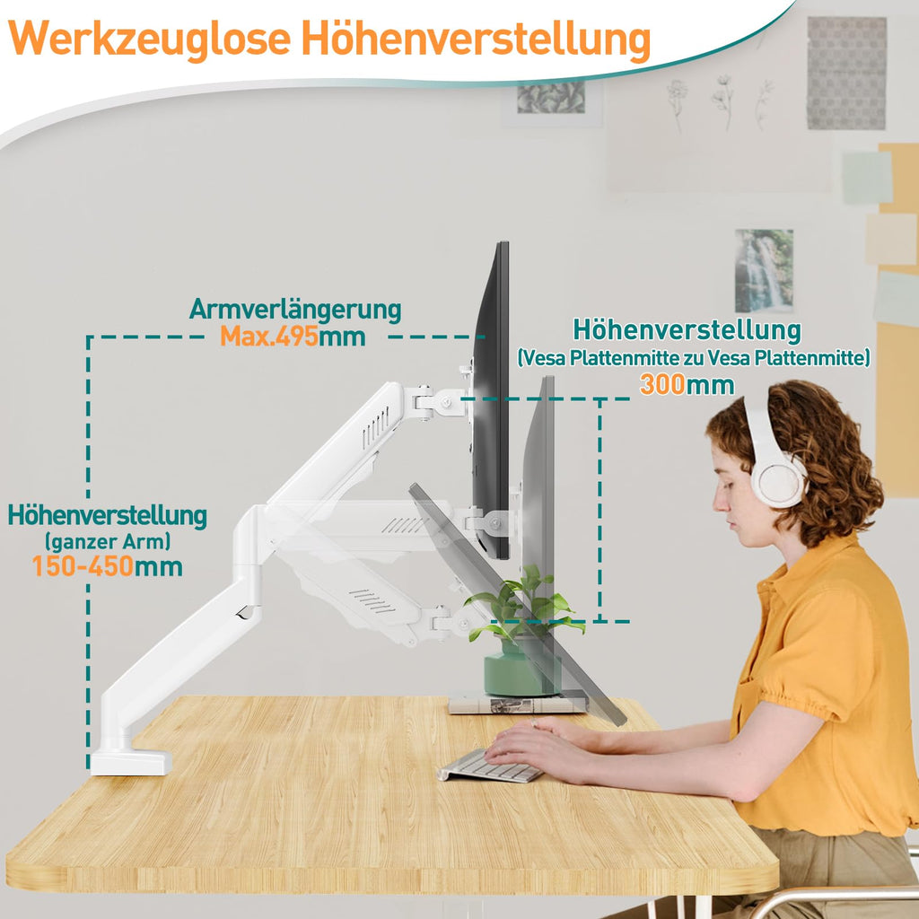 ELIVED 1 Monitor Halterung für 13-32" Bildschirme bis zu 9kg mit VESA 75/100mm, Gasdruckfeder PC Monitor Tischhatlerung, Neigbar, Schwenkbar, Drehbar, Höhenverstellbar Monitorhalterung Weiß EV004W