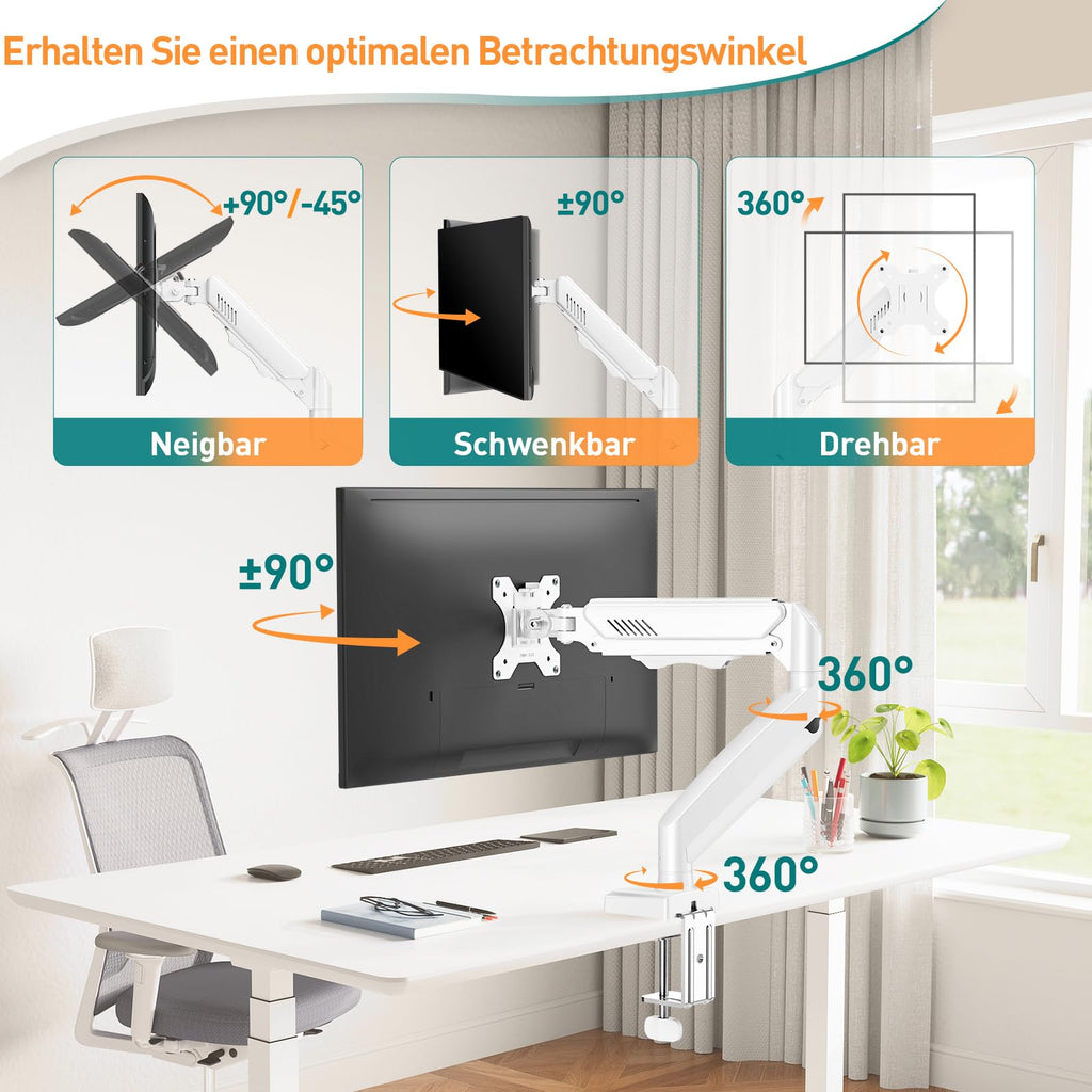 ELIVED 1 Monitor Halterung für 13-32" Bildschirme bis zu 9kg mit VESA 75/100mm, Gasdruckfeder PC Monitor Tischhatlerung, Neigbar, Schwenkbar, Drehbar, Höhenverstellbar Monitorhalterung Weiß EV004W