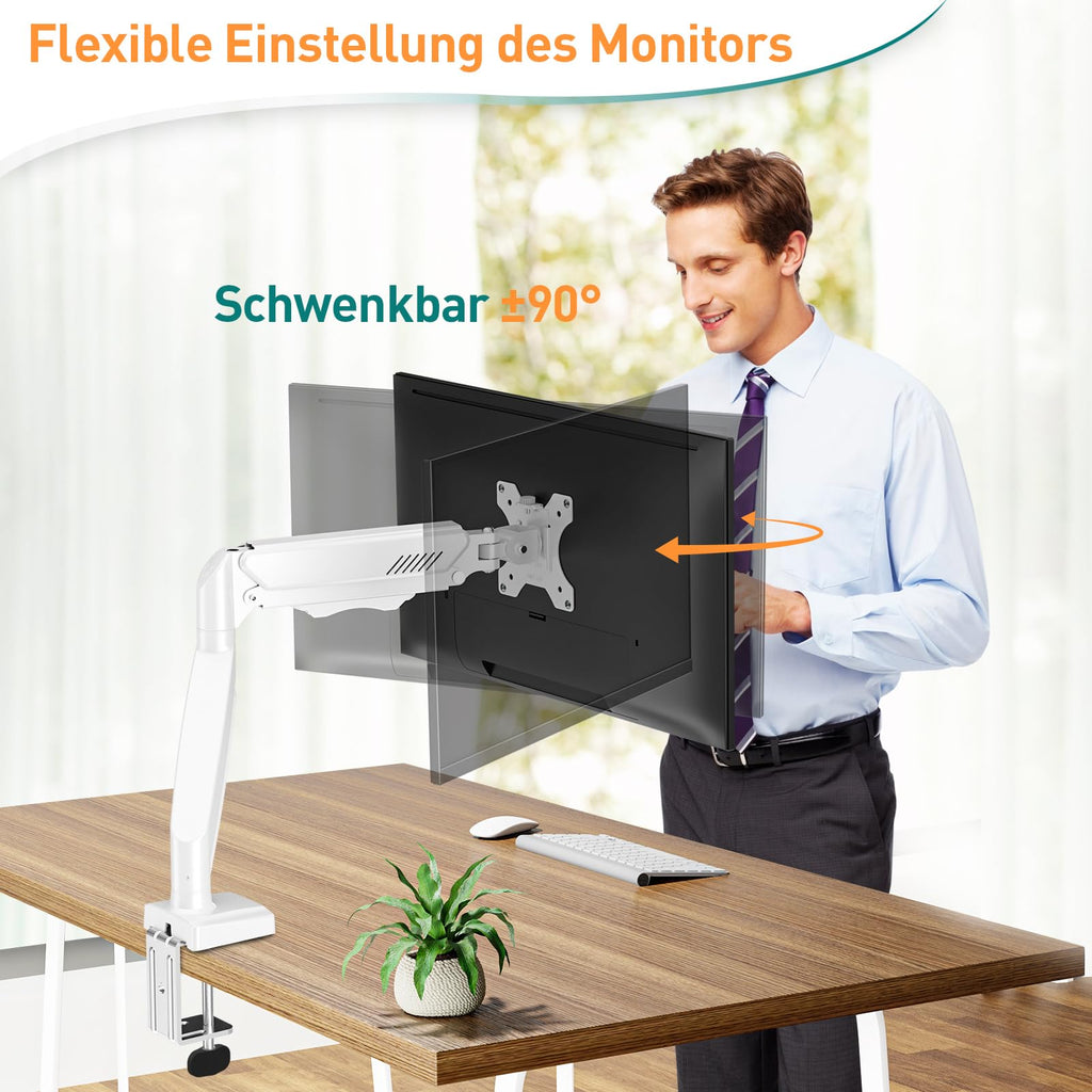 ELIVED 1 Monitor Halterung für 13-32" Bildschirme bis zu 9kg mit VESA 75/100mm, Gasdruckfeder PC Monitor Tischhatlerung, Neigbar, Schwenkbar, Drehbar, Höhenverstellbar Monitorhalterung Weiß EV004W