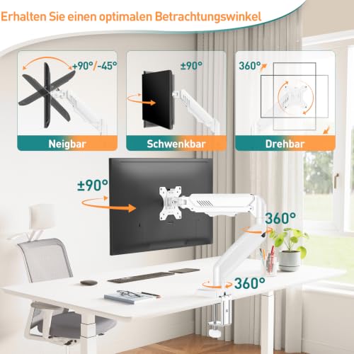 ELIVED 1 Monitor Halterung für 13-32" Bildschirme bis zu 9kg mit VESA 75/100mm, Gasdruckfeder PC Monitor Tischhatlerung, Neigbar, Schwenkbar, Drehbar, Höhenverstellbar Monitorhalterung Weiß EV004W