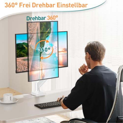 ELIVED 1 Monitor Halterung für 13-32" Bildschirme bis zu 9kg mit VESA 75/100mm, Gasdruckfeder PC Monitor Tischhatlerung, Neigbar, Schwenkbar, Drehbar, Höhenverstellbar Monitorhalterung Weiß EV004W