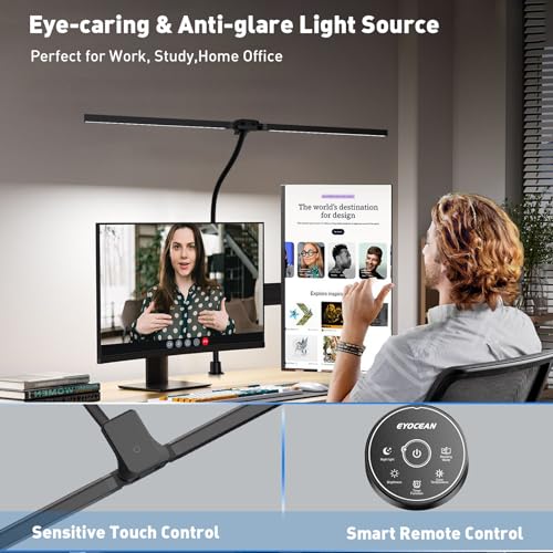 EYOCEAN Schreibtischlampe, Doppelkopf Schreibtischlampe Klemmbar, 24W 80cm Tageslichtlampe Schreibtisch mit Fernbedienung, Dimmbare Monitor Lampe, Büro Tischlampe, Augenschutz Bildschirmlampe