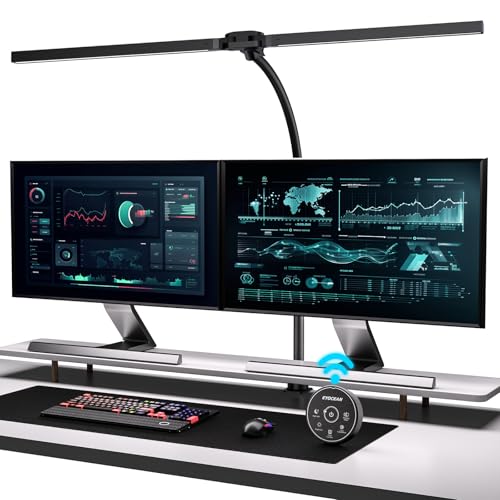EYOCEAN Schreibtischlampe, Doppelkopf Schreibtischlampe Klemmbar, 24W 80cm Tageslichtlampe Schreibtisch mit Fernbedienung, Dimmbare Monitor Lampe, Büro Tischlampe, Augenschutz Bildschirmlampe