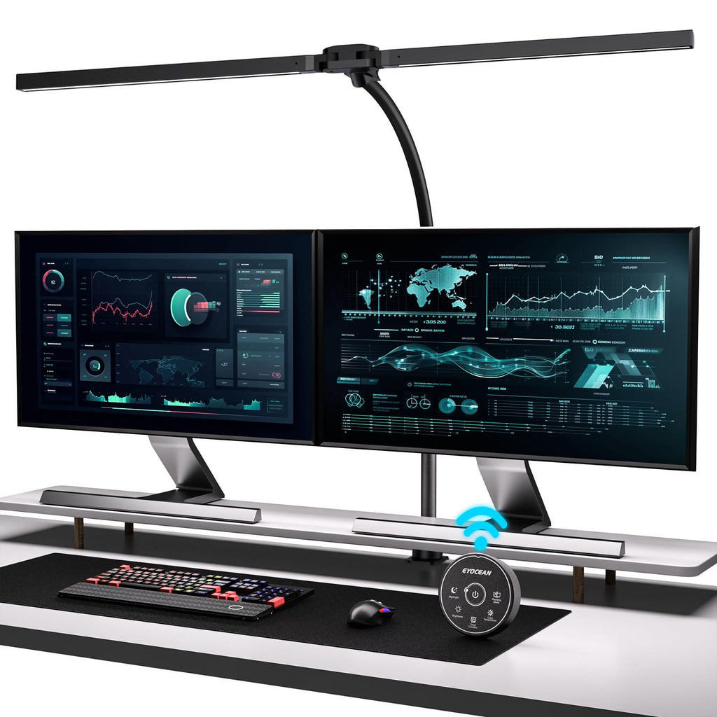 EYOCEAN Schreibtischlampe, Doppelkopf Schreibtischlampe Klemmbar, 24W 80cm Tageslichtlampe Schreibtisch mit Fernbedienung, Dimmbare Monitor Lampe, Büro Tischlampe, Augenschutz Bildschirmlampe