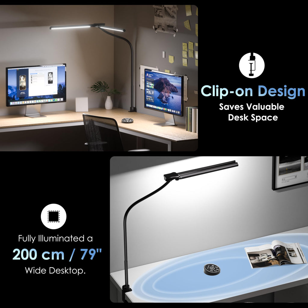 EYOCEAN Schreibtischlampe, Doppelkopf Schreibtischlampe Klemmbar, 24W 80cm Tageslichtlampe Schreibtisch mit Fernbedienung, Dimmbare Monitor Lampe, Büro Tischlampe, Augenschutz Bildschirmlampe