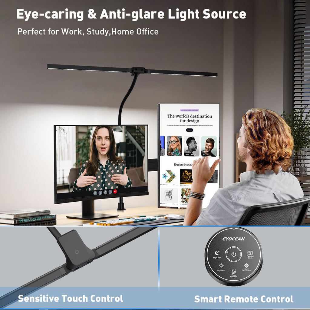 EYOCEAN Schreibtischlampe, Doppelkopf Schreibtischlampe Klemmbar, 24W 80cm Tageslichtlampe Schreibtisch mit Fernbedienung, Dimmbare Monitor Lampe, Büro Tischlampe, Augenschutz Bildschirmlampe