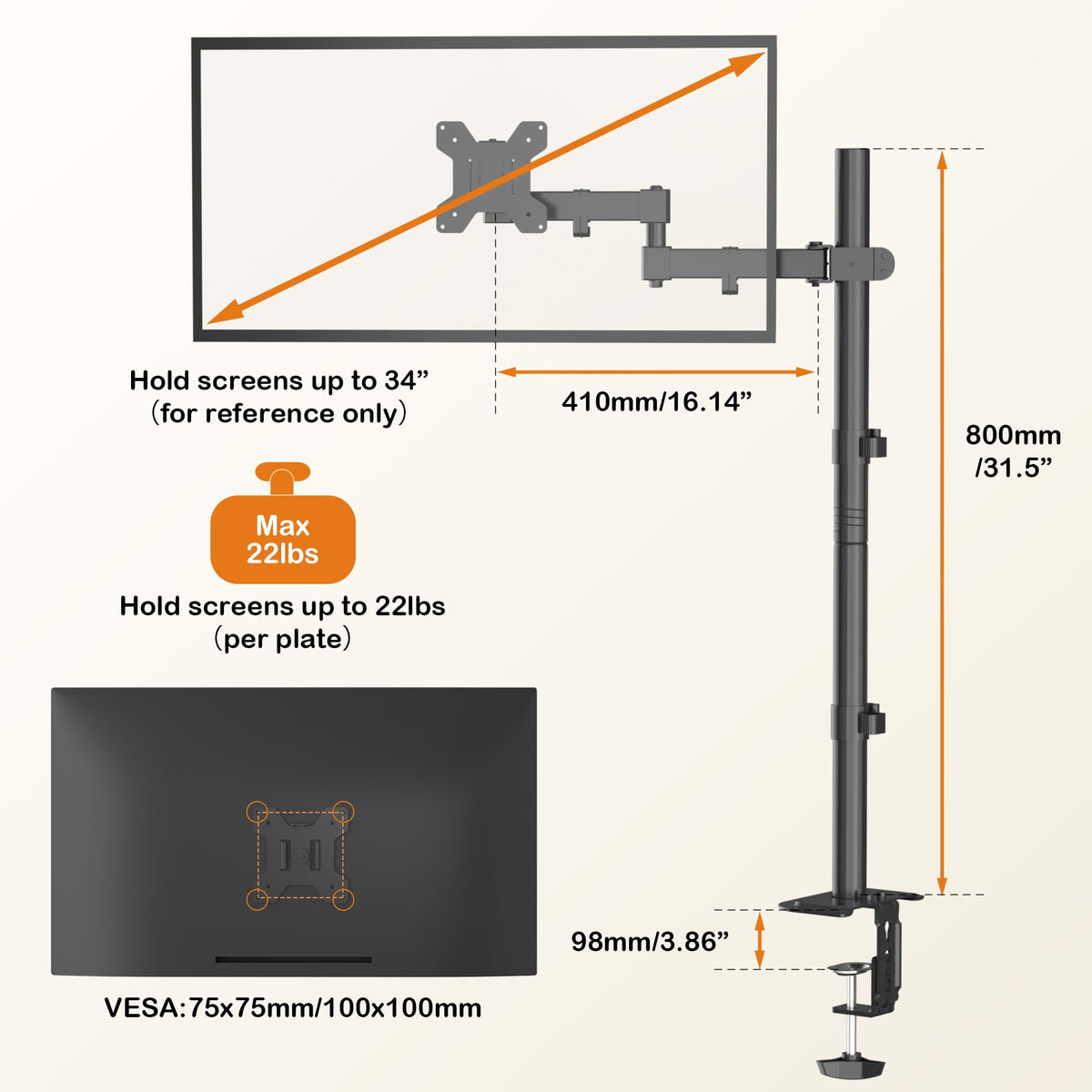 Bracwiser einzelnen Voll einstellbare Stehhöhe Monitorarm Standhalterung 800 mm hoch für Monitor Computerbildschirm 13 15 17 19 20 22 23 24 26 27 30 32 Zoll VESA 75 100 MD7821