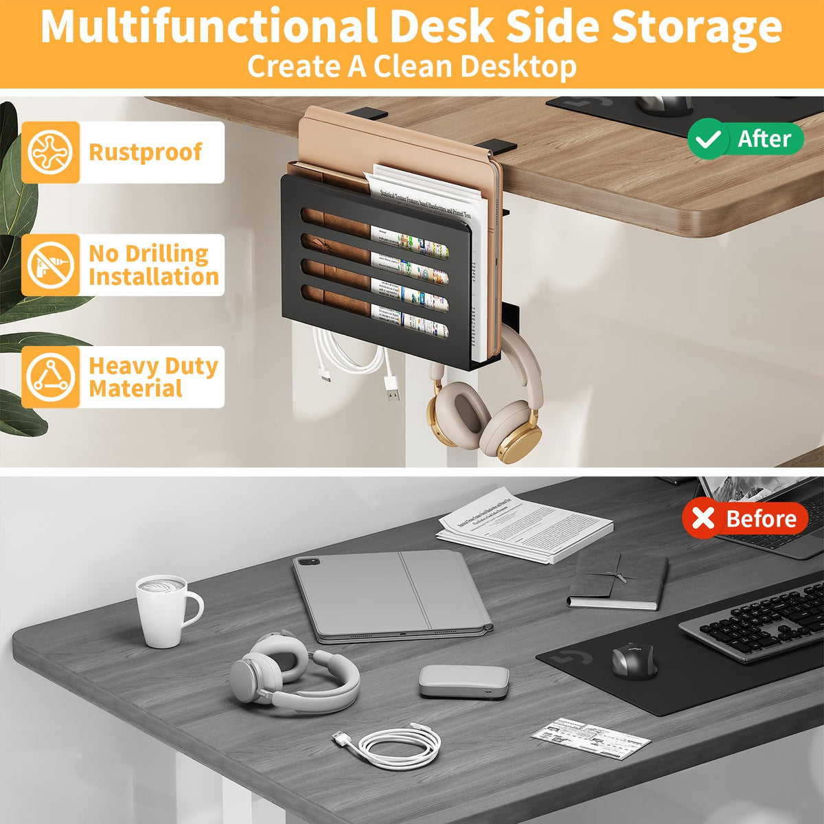 3 In 1 Schreibtisch Seitenaufbewahrung Laptop Ständer mit Haken & Kabelhaken Verstellbare Laptop Halterung Unter Schreibtisch Aufbewahrung Ohne Bohrer Schreibtisch Organizer für Büro und Home