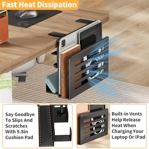 3 In 1 Schreibtisch Seitenaufbewahrung Laptop Ständer mit Haken & Kabelhaken Verstellbare Laptop Halterung Unter Schreibtisch Aufbewahrung Ohne Bohrer Schreibtisch Organizer für Büro und Home