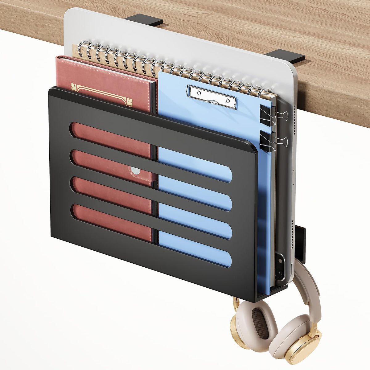 3 In 1 Schreibtisch Seitenaufbewahrung Laptop Ständer mit Haken & Kabelhaken Verstellbare Laptop Halterung Unter Schreibtisch Aufbewahrung Ohne Bohrer Schreibtisch Organizer für Büro und Home