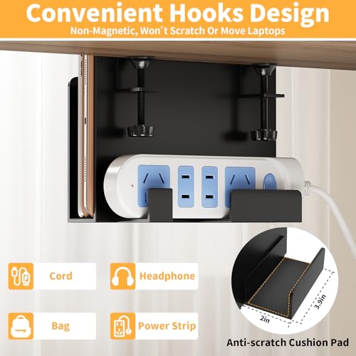 3 In 1 Schreibtisch Seitenaufbewahrung Laptop Ständer mit Haken & Kabelhaken Verstellbare Laptop Halterung Unter Schreibtisch Aufbewahrung Ohne Bohrer Schreibtisch Organizer für Büro und Home