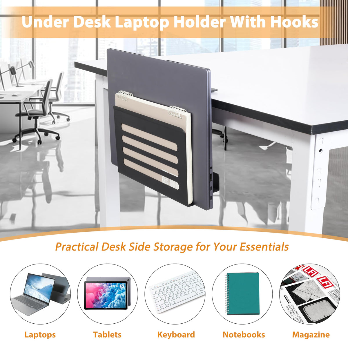 3 In 1 Schreibtisch Seitenaufbewahrung Laptop Ständer mit Haken & Kabelhaken Verstellbare Laptop Halterung Unter Schreibtisch Aufbewahrung Ohne Bohrer Schreibtisch Organizer für Büro und Home