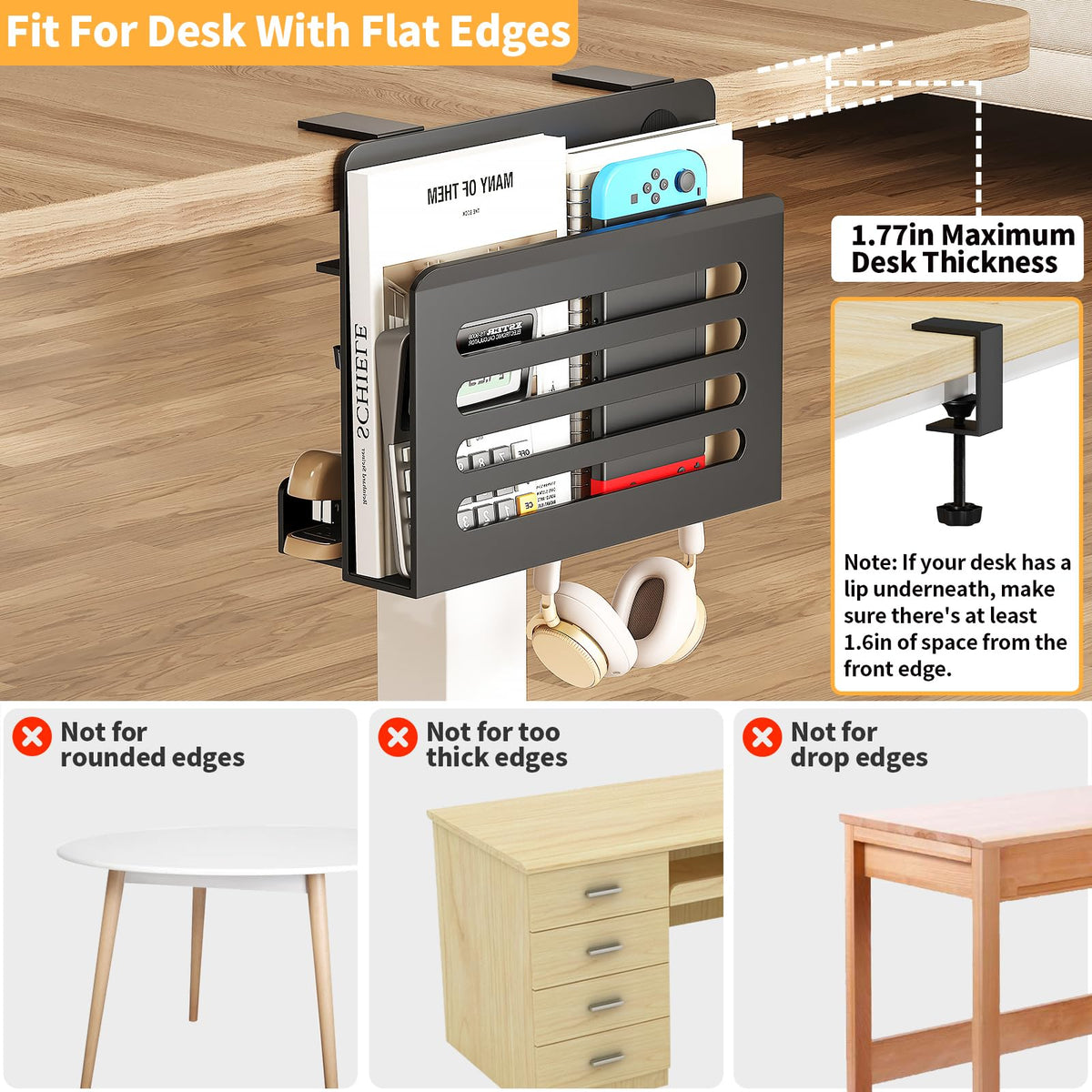 3 In 1 Schreibtisch Seitenaufbewahrung Laptop Ständer mit Haken & Kabelhaken Verstellbare Laptop Halterung Unter Schreibtisch Aufbewahrung Ohne Bohrer Schreibtisch Organizer für Büro und Home
