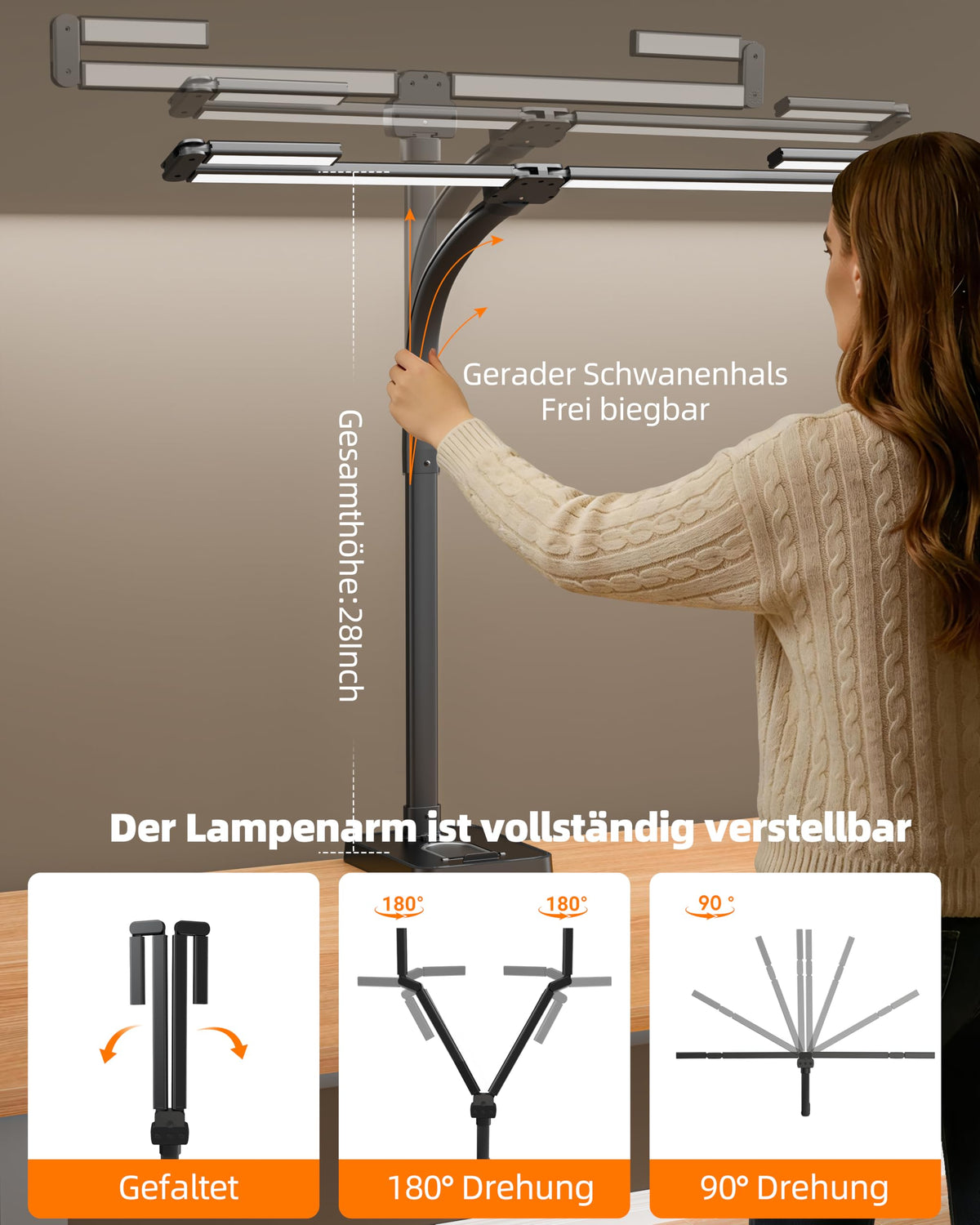 24W Schreibtischlampe LED Dimmbar mit Einstellbare 4-Segment-Lichtleiste
