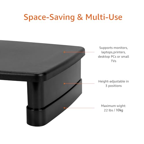 Amazon Basics Höhenverstellbarer Monitorständer mit Organizer, 3-stufiges Stapelbares Design, ABS-Kunststoff, Trägt bis zu 10,0kg, für Monitore & Laptops, Schwarz