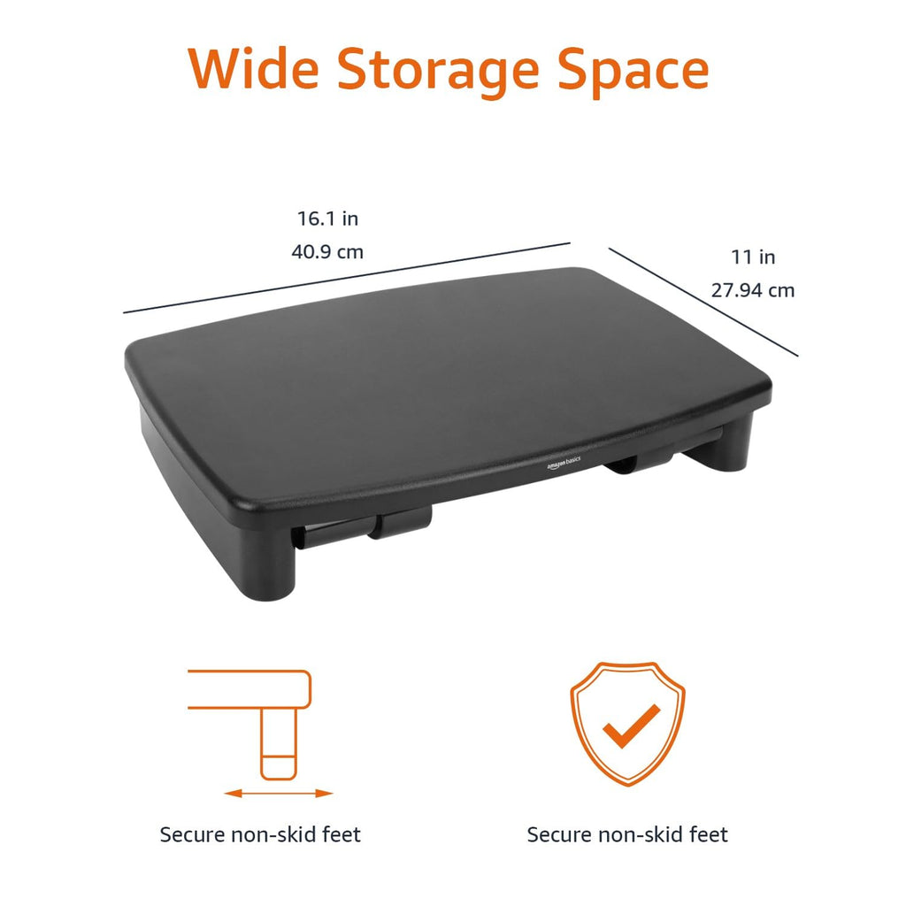 Amazon Basics Höhenverstellbarer Monitorständer mit Organizer, 3-stufiges Stapelbares Design, ABS-Kunststoff, Trägt bis zu 10,0kg, für Monitore & Laptops, Schwarz