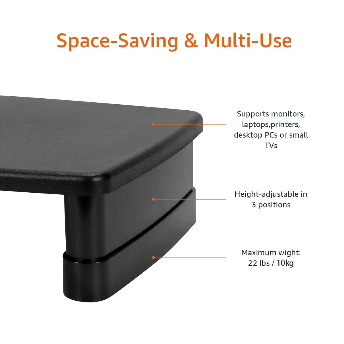 Amazon Basics Höhenverstellbarer Monitorständer mit Organizer, 3-stufiges Stapelbares Design, ABS-Kunststoff, Trägt bis zu 10,0kg, für Monitore & Laptops, Schwarz