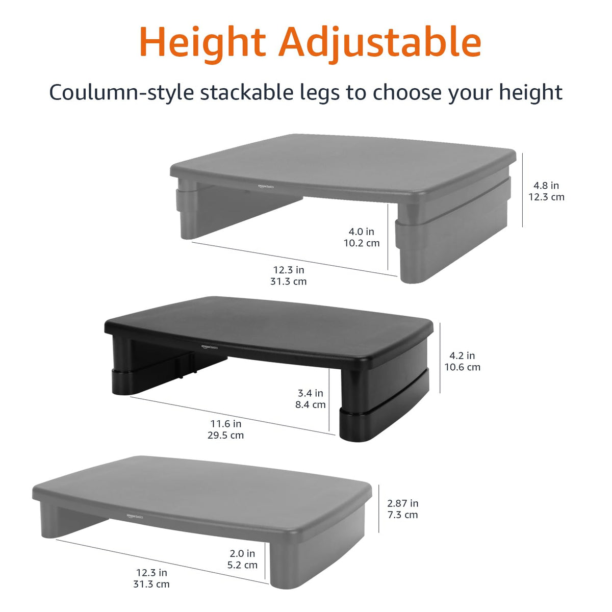 Amazon Basics Höhenverstellbarer Monitorständer mit Organizer, 3-stufiges Stapelbares Design, ABS-Kunststoff, Trägt bis zu 10,0kg, für Monitore & Laptops, Schwarz