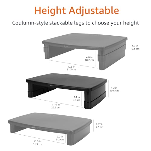 Amazon Basics Höhenverstellbarer Monitorständer mit Organizer, 3-stufiges Stapelbares Design, ABS-Kunststoff, Trägt bis zu 10,0kg, für Monitore & Laptops, Schwarz