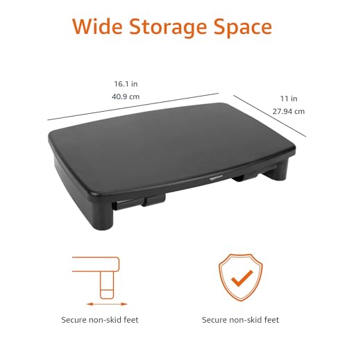 Amazon Basics Höhenverstellbarer Monitorständer mit Organizer, 3-stufiges Stapelbares Design, ABS-Kunststoff, Trägt bis zu 10,0kg, für Monitore & Laptops, Schwarz