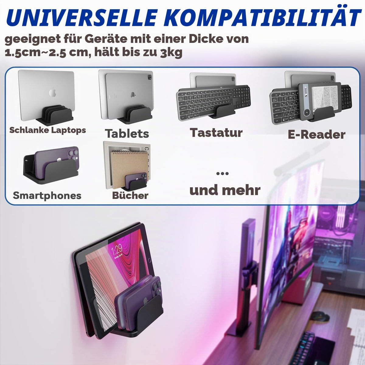 sciuU Wandhalterung für 4 Geräte – für Tablet, Slim Laptop, Handy, eReader