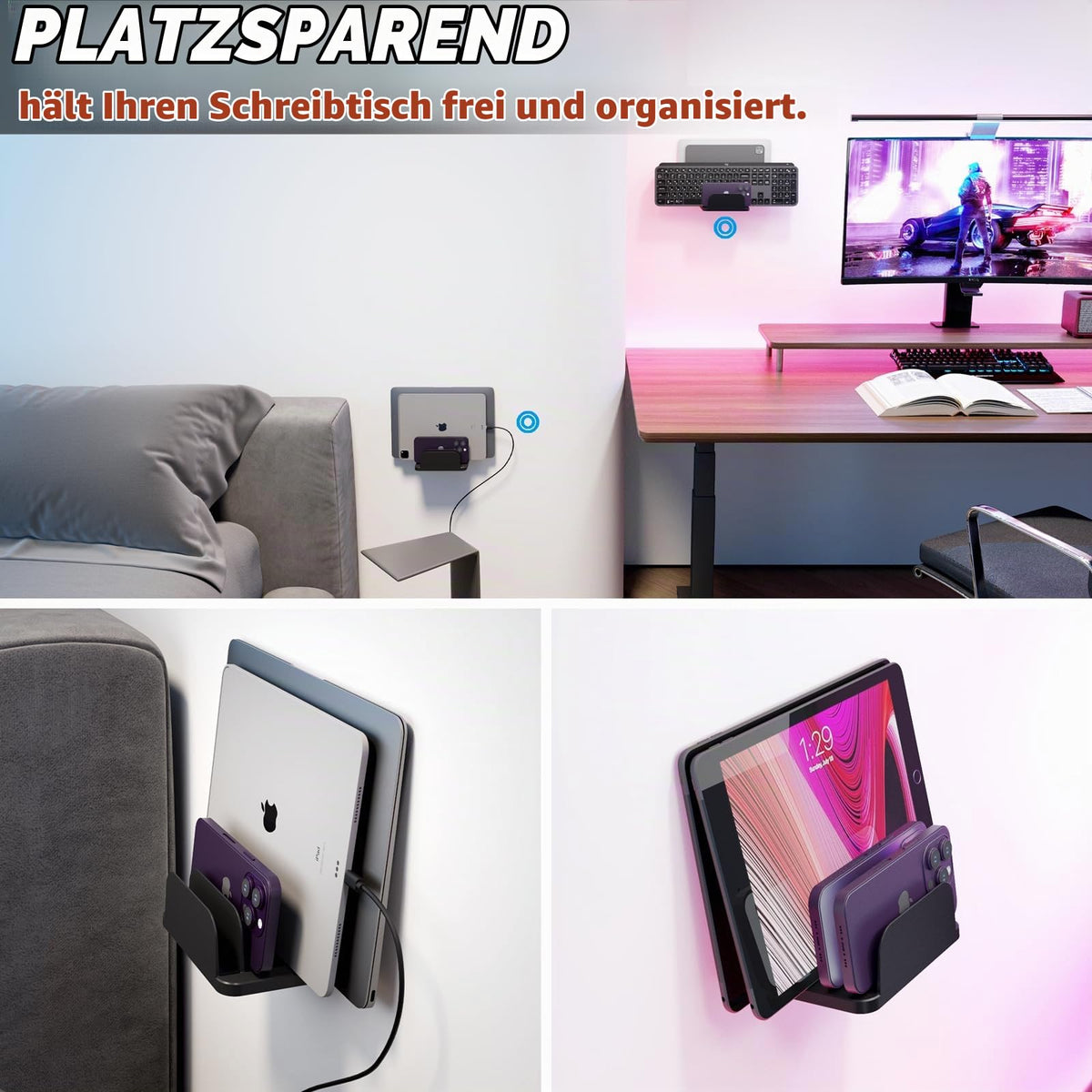 sciuU Wandhalterung für 4 Geräte – für Tablet, Slim Laptop, Handy, eReader