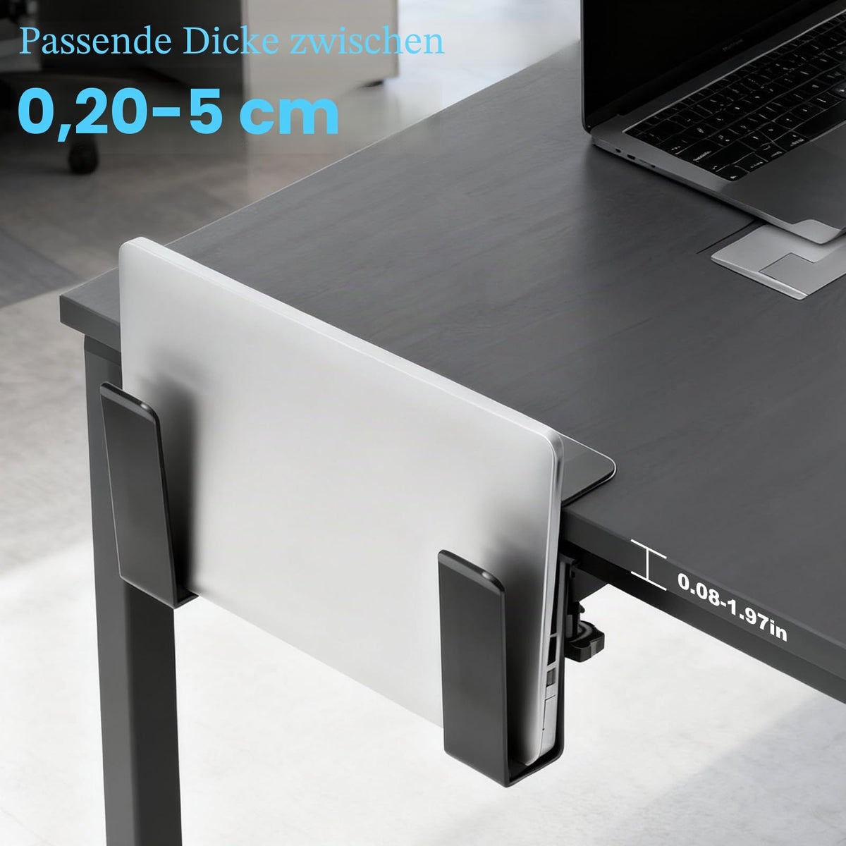 Verstellbare Laptop Halterung, 2 Stück Schreibtisch Seitenaufbewahrung ohne Bohren, Aufhängbarer Metall Ständer & Organizer mit Kratzfestem Silikon, Vertikale Halterung für Notebook Büro Homeoffice