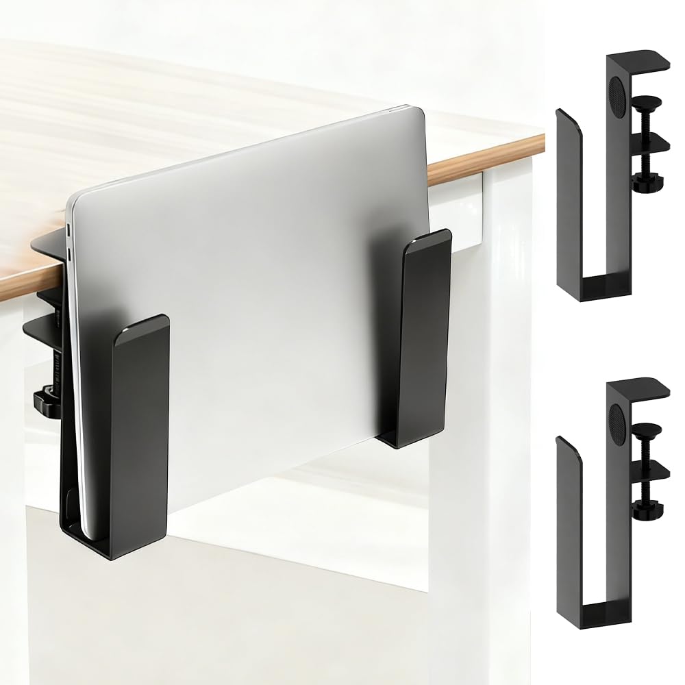 Verstellbare Laptop Halterung, 2 Stück Schreibtisch Seitenaufbewahrung ohne Bohren, Aufhängbarer Metall Ständer & Organizer mit Kratzfestem Silikon, Vertikale Halterung für Notebook Büro Homeoffice