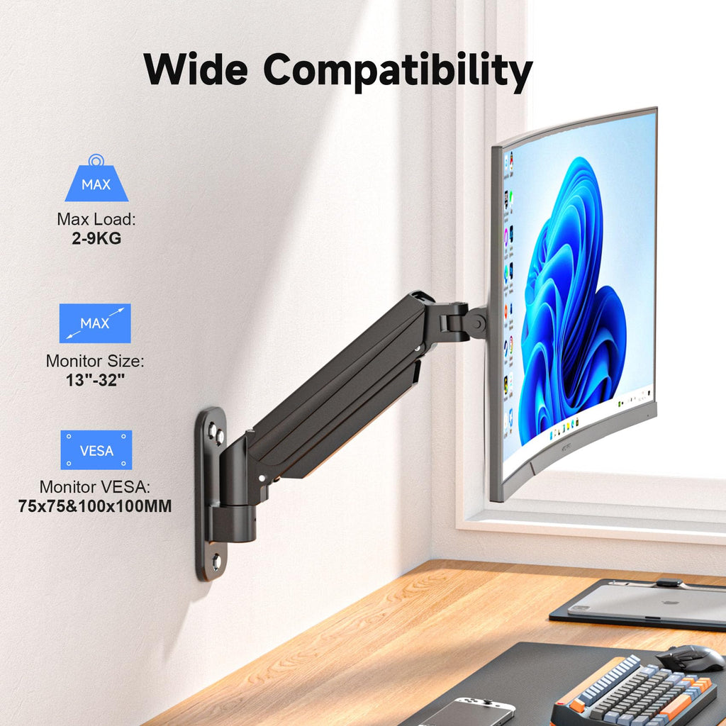 suptek Monitor Wandhalterung für 13-32 Zoll LED/LCD/TV Bildschirm bis 9 kg, Monitor Halterung mit voller einstellbaren Gasfeder, Höhenverstellbar, Neigbar Schwenkbar und Drehbar, VESA 75/100, WM011