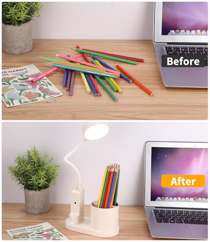 Schreibtischlampe Kinder, LED Dimmbar Tischlampe 3 Modus Deraufladbare Nachttischlampe, 360° Verstellbar Schwanenhals Leselampe mit Stern Projektion & Bleistifthalter für Schlafsaal Büro