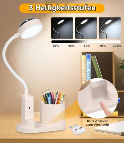 Schreibtischlampe Kinder, LED Dimmbar Tischlampe 3 Modus Deraufladbare Nachttischlampe, 360° Verstellbar Schwanenhals Leselampe mit Stern Projektion & Bleistifthalter für Schlafsaal Büro