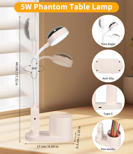 Schreibtischlampe Kinder, LED Dimmbar Tischlampe 3 Modus Deraufladbare Nachttischlampe, 360° Verstellbar Schwanenhals Leselampe mit Stern Projektion & Bleistifthalter für Schlafsaal Büro