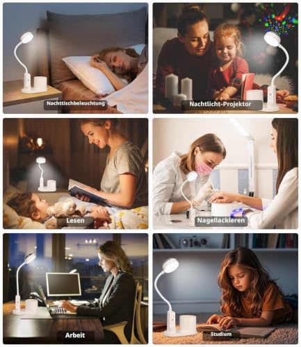 Schreibtischlampe Kinder, LED Dimmbar Tischlampe 3 Modus Deraufladbare Nachttischlampe, 360° Verstellbar Schwanenhals Leselampe mit Stern Projektion & Bleistifthalter für Schlafsaal Büro