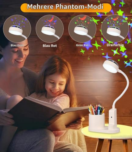 Schreibtischlampe Kinder, LED Dimmbar Tischlampe 3 Modus Deraufladbare Nachttischlampe, 360° Verstellbar Schwanenhals Leselampe mit Stern Projektion & Bleistifthalter für Schlafsaal Büro