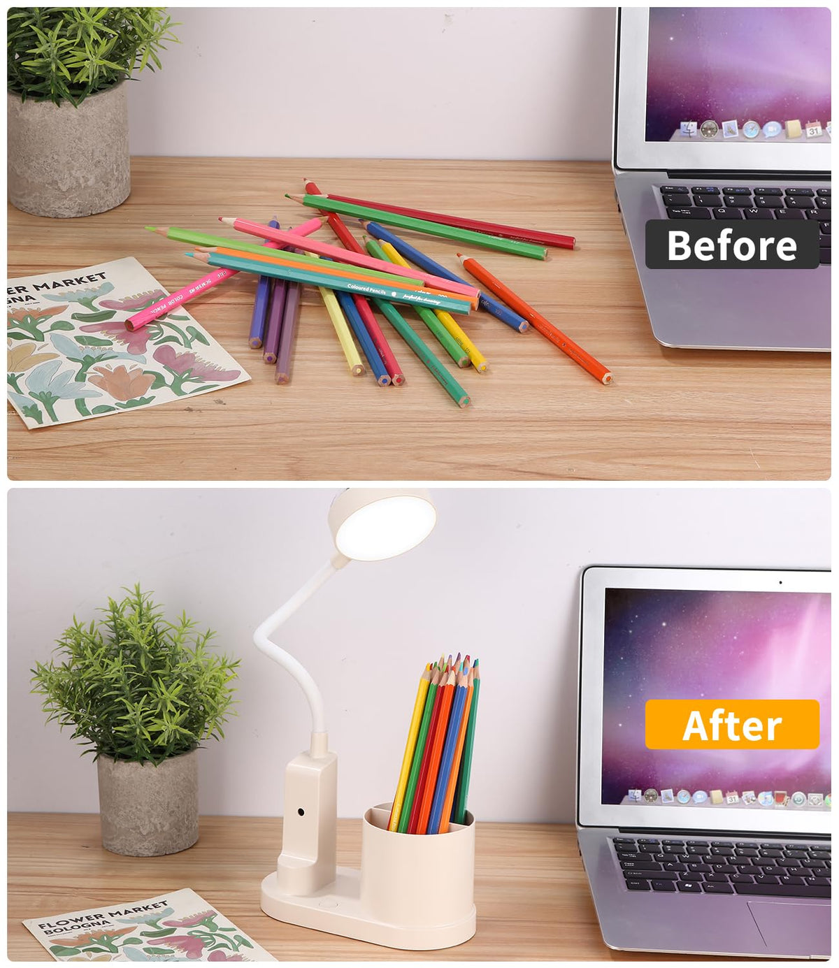 Schreibtischlampe Kinder, LED Dimmbar Tischlampe 3 Modus Deraufladbare Nachttischlampe, 360° Verstellbar Schwanenhals Leselampe mit Stern Projektion & Bleistifthalter für Schlafsaal Büro