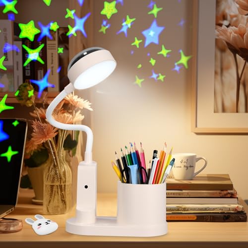 Schreibtischlampe Kinder, LED Dimmbar Tischlampe 3 Modus Deraufladbare Nachttischlampe, 360° Verstellbar Schwanenhals Leselampe mit Stern Projektion & Bleistifthalter für Schlafsaal Büro