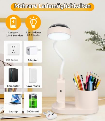 Schreibtischlampe Kinder, LED Dimmbar Tischlampe 3 Modus Deraufladbare Nachttischlampe, 360° Verstellbar Schwanenhals Leselampe mit Stern Projektion & Bleistifthalter für Schlafsaal Büro