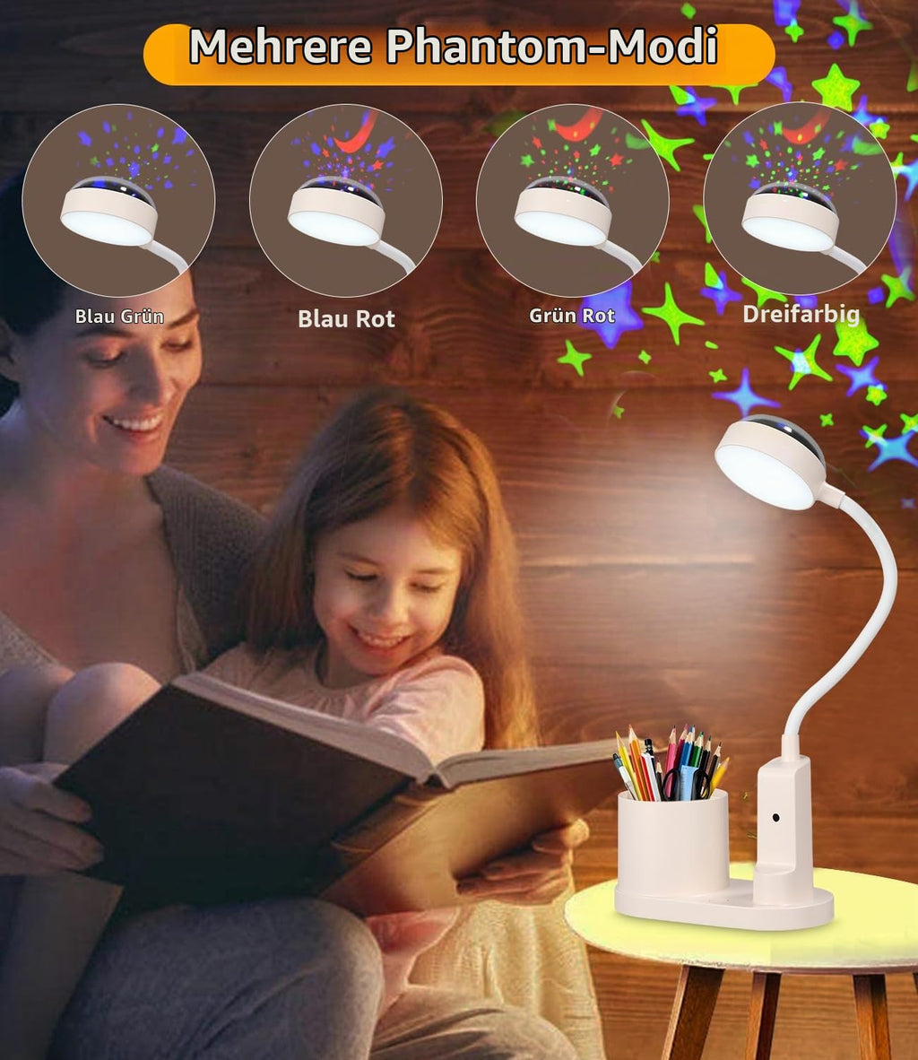 Schreibtischlampe Kinder, LED Dimmbar Tischlampe 3 Modus Deraufladbare Nachttischlampe, 360° Verstellbar Schwanenhals Leselampe mit Stern Projektion & Bleistifthalter für Schlafsaal Büro