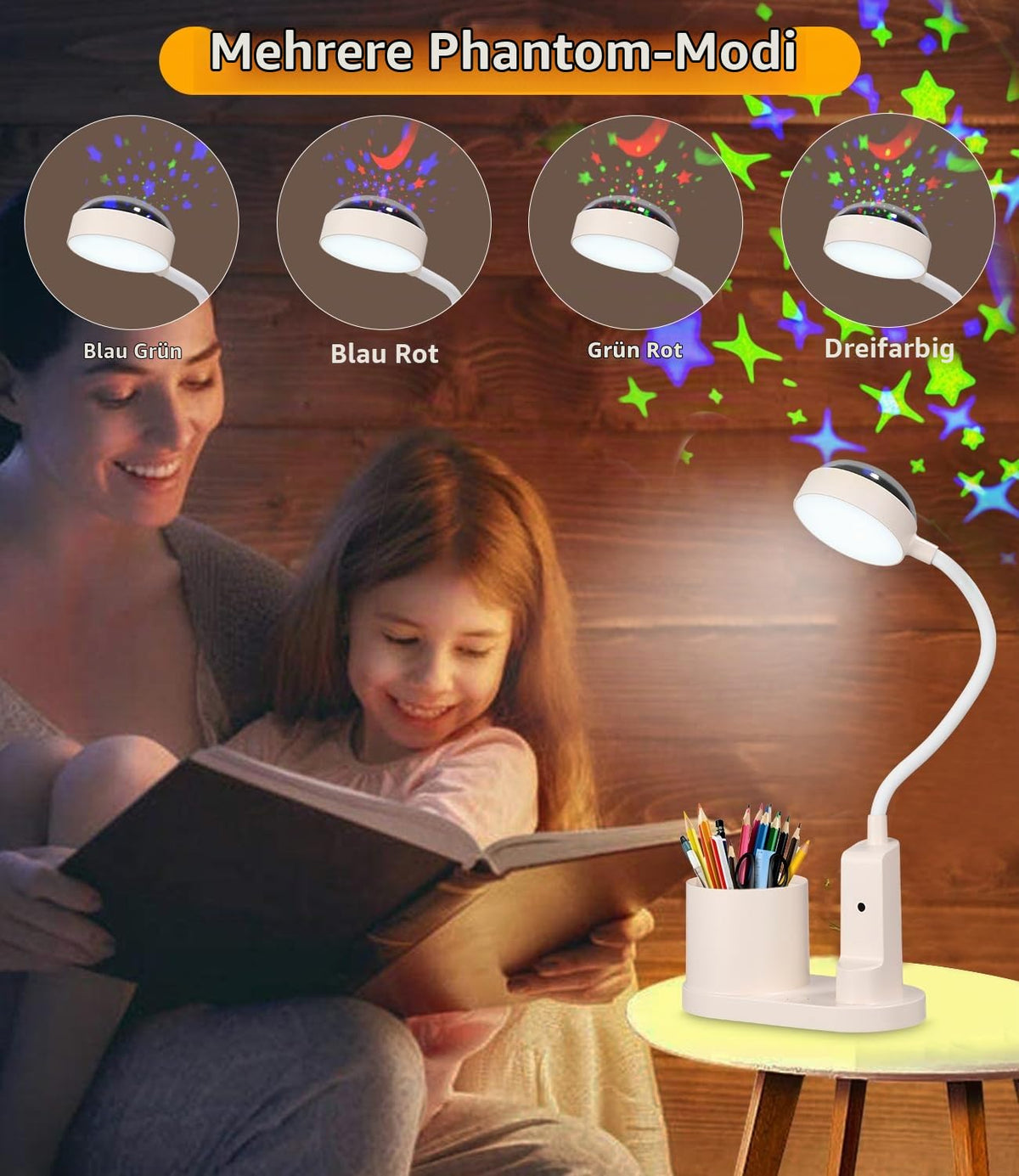 Schreibtischlampe Kinder, LED Dimmbar Tischlampe 3 Modus Deraufladbare Nachttischlampe, 360° Verstellbar Schwanenhals Leselampe mit Stern Projektion & Bleistifthalter für Schlafsaal Büro