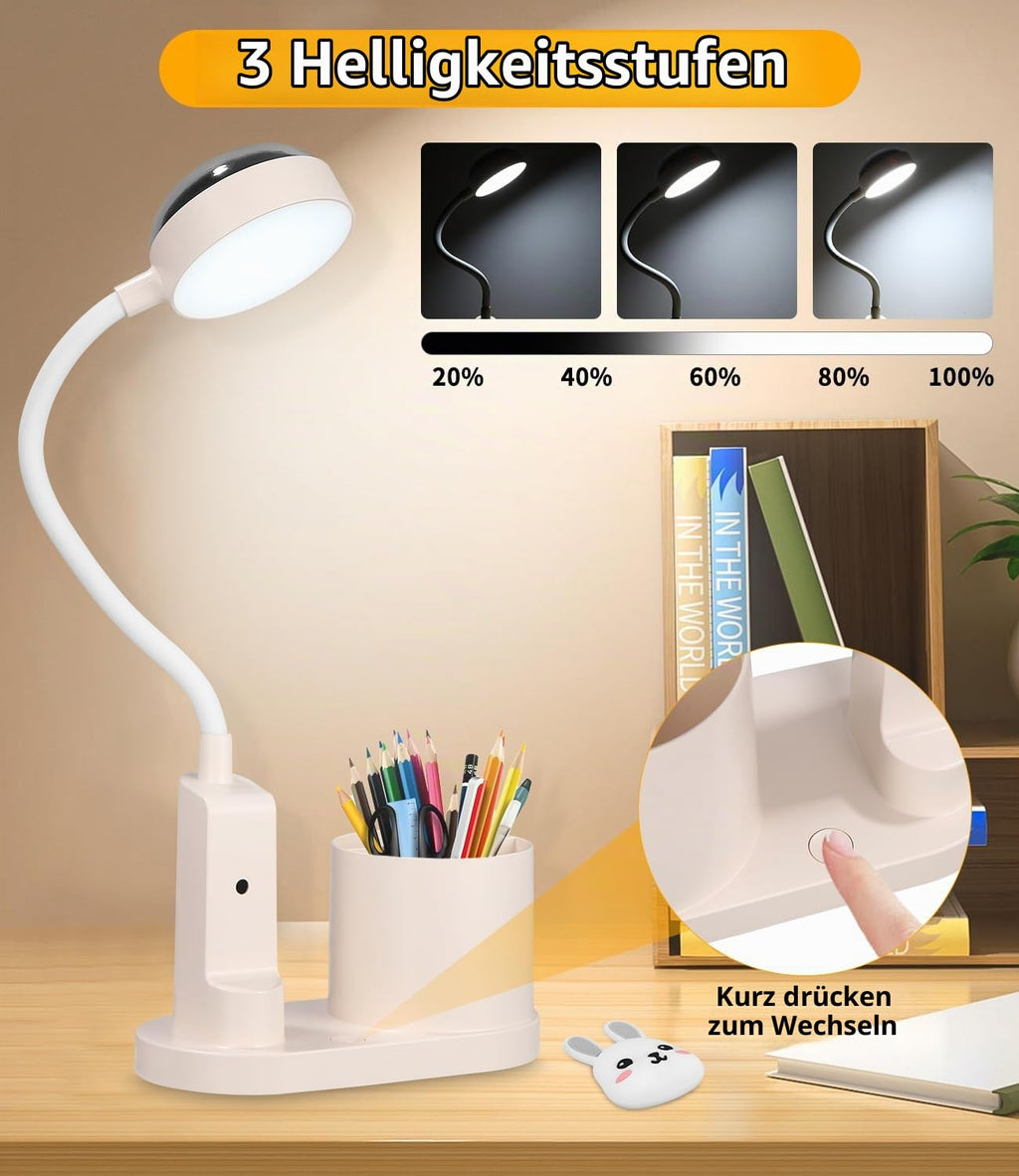 Schreibtischlampe Kinder, LED Dimmbar Tischlampe 3 Modus Deraufladbare Nachttischlampe, 360° Verstellbar Schwanenhals Leselampe mit Stern Projektion & Bleistifthalter für Schlafsaal Büro