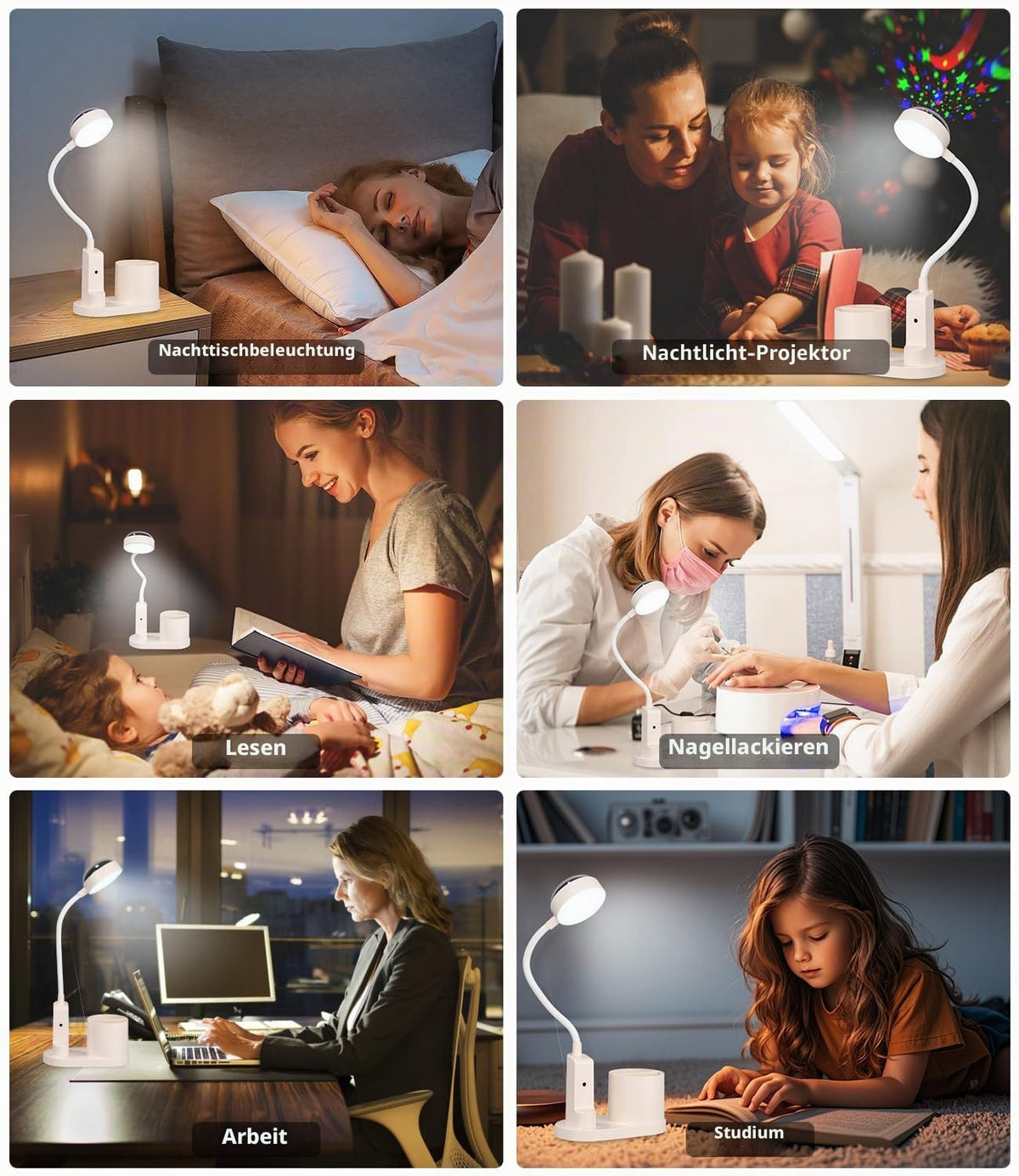 Schreibtischlampe Kinder, LED Dimmbar Tischlampe 3 Modus Deraufladbare Nachttischlampe, 360° Verstellbar Schwanenhals Leselampe mit Stern Projektion & Bleistifthalter für Schlafsaal Büro