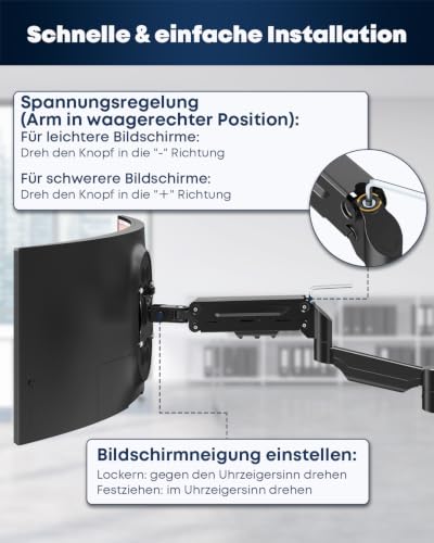 Monitor Wandhalterung Gasfeder 17–32 Zoll – Extra Langer Monitorarm 76,9 cm, schwenkbar & höhenverstellbar, VESA 75/100, bis 9 kg, Schwarz