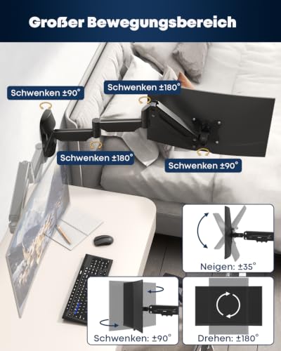 Monitor Wandhalterung Gasfeder 17–32 Zoll – Extra Langer Monitorarm 76,9 cm, schwenkbar & höhenverstellbar, VESA 75/100, bis 9 kg, Schwarz