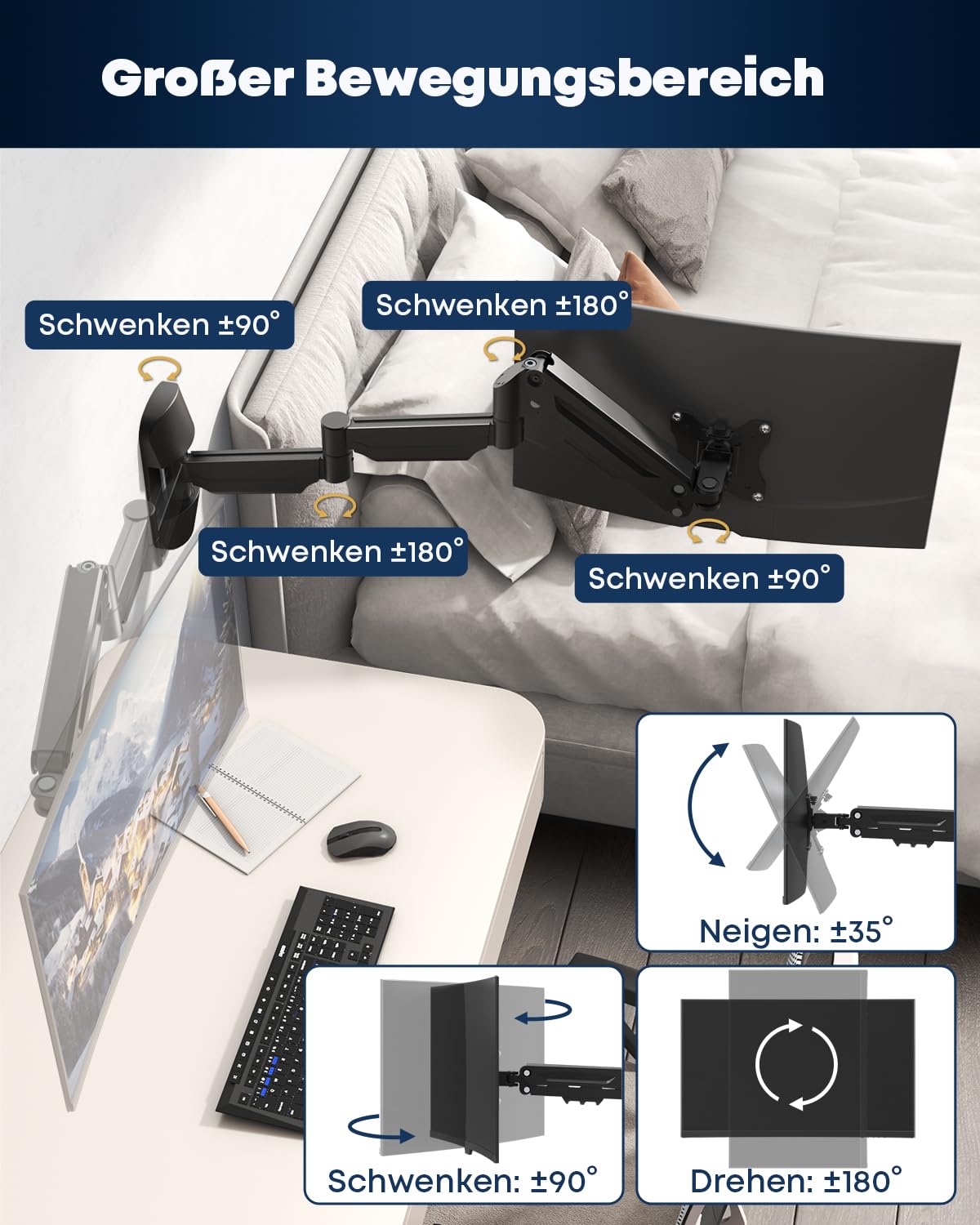 Monitor Wandhalterung Gasfeder 17–32 Zoll – Extra Langer Monitorarm 76,9 cm, schwenkbar & höhenverstellbar, VESA 75/100, bis 9 kg, Schwarz