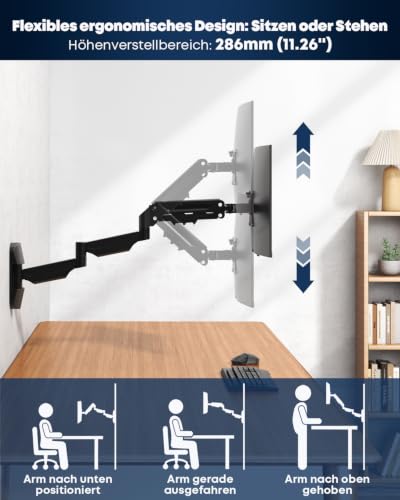 Monitor Wandhalterung Gasfeder 17–32 Zoll – Extra Langer Monitorarm 76,9 cm, schwenkbar & höhenverstellbar, VESA 75/100, bis 9 kg, Schwarz